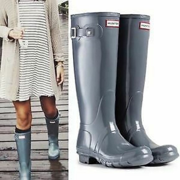 Hunter Shoes - Hunter grey tall glossy wellie rain boots